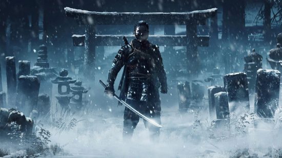 Best PS5 games: Jin stands in front of a Tori gate in snow