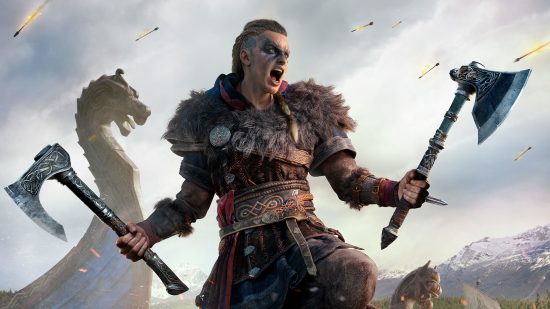 Best PS5 games: Eivor screams as she steps off a Viking boat while holding two axes in her hands