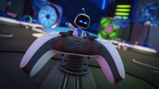 Best PS5 games: Astro is inside the DualSense controller and is waving from within the touchpad.