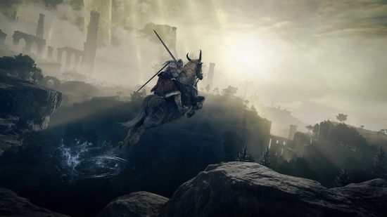Best Xbox Series X games: A Tarnished jumps a gap on a horse in Elden Ring