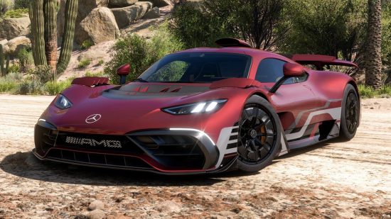 Best Xbox Series X games: A Mercedes AMG car parked up on a dirt track in Forza Horizon 5