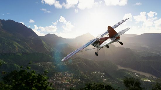 Best Xbox Series X games: A plane flies high above a green forested landscape in Microsoft Flight Sim