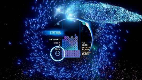 Best Xbox Series X games: A school of fish surround a Tetris Effects Connected board