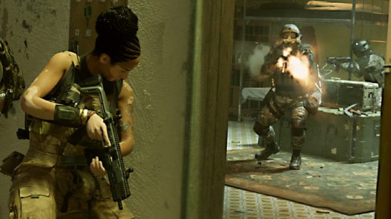 Modern Warfare 2 Best SMG: The player can be seen holding an SMG avoiding fire from a soldier in another room