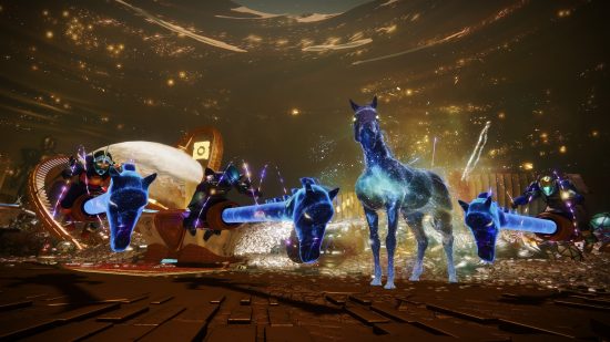 Destiny 2 Festival of the Lost Starhorse sparrow: three guardians on sparrows next to Starhorse