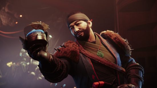 Destiny 2 Season of Plunder Nightfall: The Drifter smiles and holds up a drink in Destiny 2