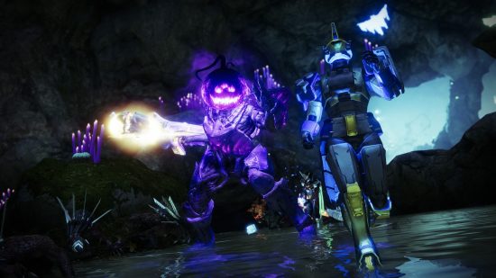 Destiny 2 Spectral Pages farm: A Guardian in mech armor runs away from a giant boss with a purple pumpkin for a head