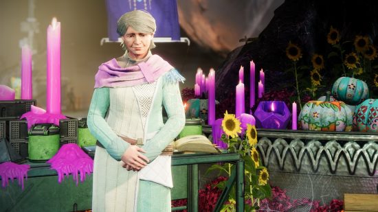 Destiny 2 Spectral Pages: Eva Levante stands in front of halloween themed objects like pumpkins and candles