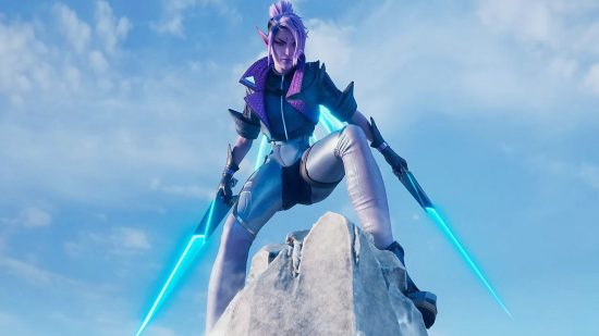 Evercore Heroes MOBA MMO: A hero wielding blue swords kneels atop some icy rock