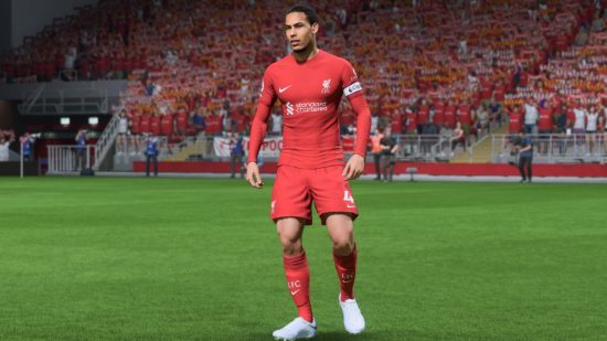FIFA 23 how to defend: Virgil van Dijk wearing the red kit of Liverpool in FIFA 23