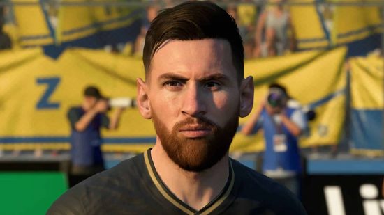 FIFA 23 Messi SBC solution: Messi looks at the camera while standing on a football pitch