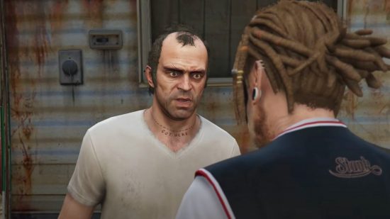 GTA 5 pacifist run: Trevor from GTA 5 talking to a character with dreadlocks