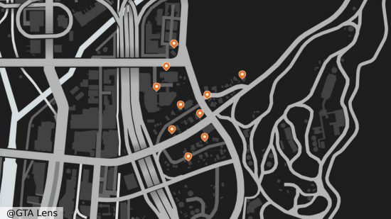 GTA Online Jack O Lantern locations: A map showing the locations of the Halloween pumpkins in the El Burro Heights area.