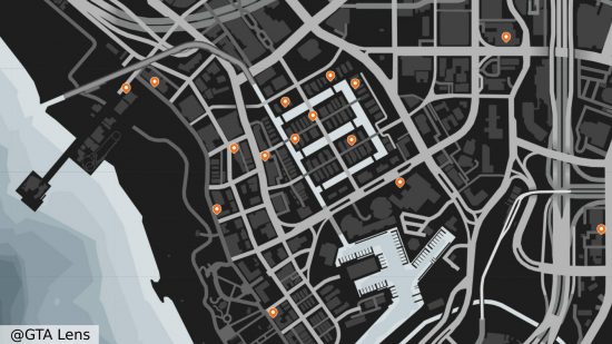 GTA Online Jack O Lantern locations: A map showing the locations of the Halloween pumpkins in the Vespucci Beach area.