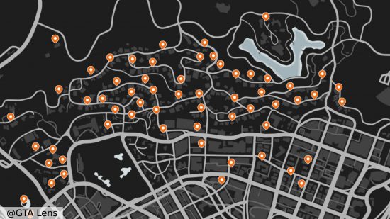 GTA Online Jack O Lantern locations: A map showing the locations of the Halloween pumpkins in the Vinewood Hills area.