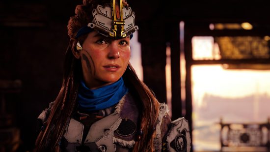Horizon multiplayer game leaks Monster Hunter: Aloy with a headdress on looking confused