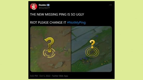 League of Legends fans missing ping design change: an image of the tweet showing two different question marks