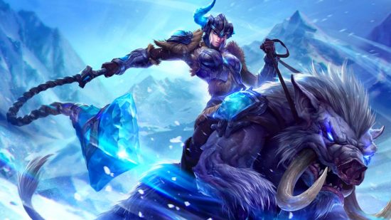 League of Legends ranked rewards Season 12: Splash art of Sejuani riding a giant boar-like creature through an icy environment