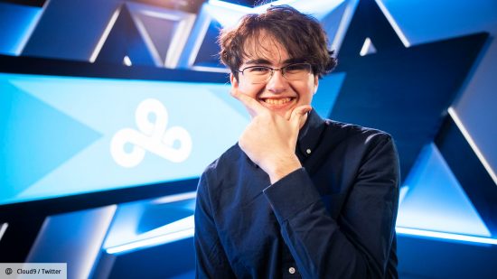 League of Legends Worlds 2022 Max Waldo interview: Max Waldo posing in front of the Cloud9 logo