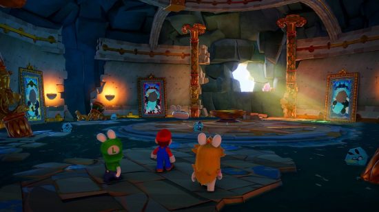 Mario and Rabbids Sparks of Hope review: Three characters walk intoa vaulted room