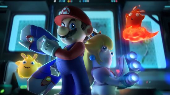 Mario Rabbids Sparks of Hope review: Mario with Rabbids Peach holding guns in a spaceship