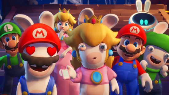 Mario Rabbids Sparks of Hope review: Rabbids Peach and Mario with the actual Mario cast