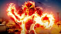 Marvel's Midnight Suns photo mode custom comic covers: an image of Scarlet Witch alight with hellfire