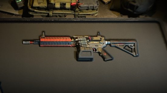 Modern Warfare 2 556 Icarus loadout: a Cinder red patterned 556 Icarus in a weapon crate