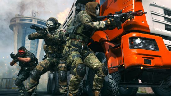 Modern Warfare 2 best settings console: three operators take cover behind an orange truck