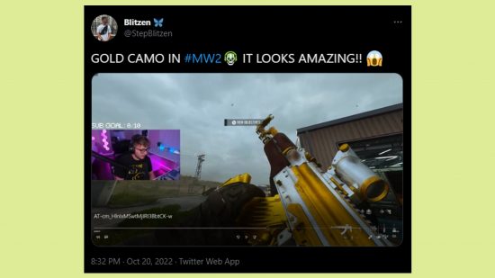 Modern Warfare 2 campaign gold camo: an image of a tweet showing said camoflage