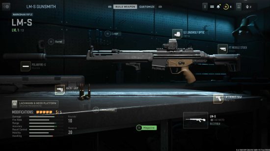 Modern Warfare 2 LM-S loadout: A gunsmith screenshot showing a modified LM-S marksman rifle