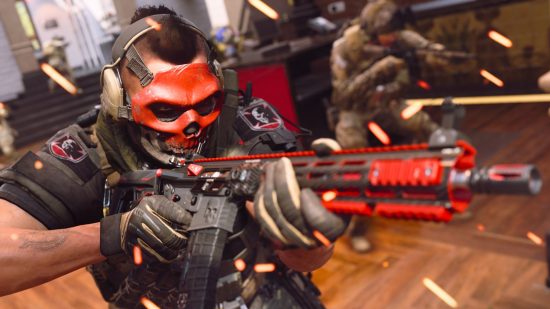 Modern Warfare 2 sasquatch skin promos: An operator in a red mask aims a red gun