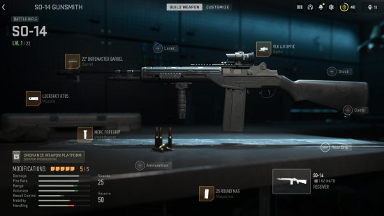 Modern Warfare 2 SO-14 loadout: An SO-14 with various attachments in the gunsmith screen