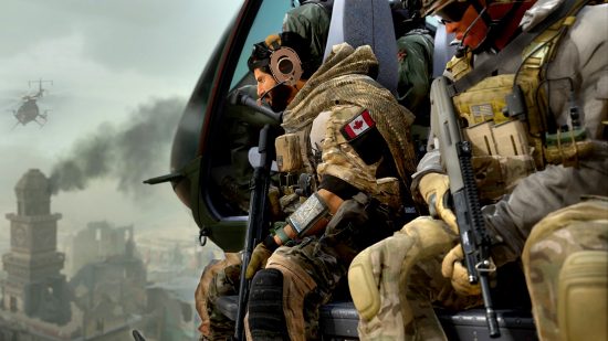 MW2 trickshotting flying glitch: Two operators holding guns sit on the outside of a helicopter