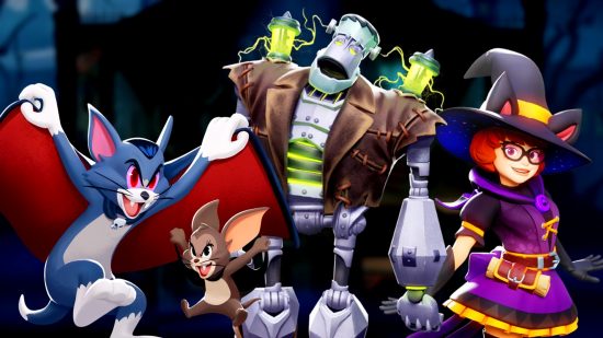 MultiVersus Halloween skins: an image showing Vampire Tom and Jerry, Frankenstien Iron Giant, and Witch Velma