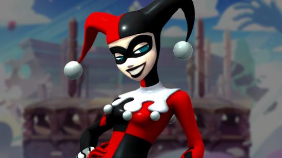 MultiVersus match spectate soon: an image of Classic Harley Quinn on a dark background