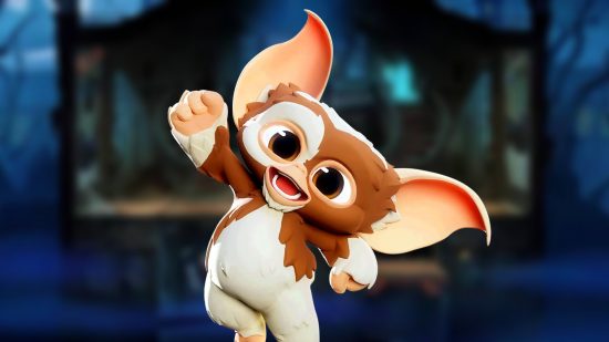 MultiVersus Striple Launch Tease: an image of Gizmo cheering on a blurry haunted house background