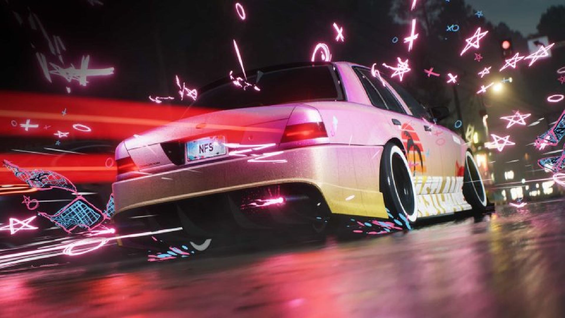 Need For Speed ​​Unbound Cartoon Anime Effects: สามารถเห็นรถกำลังขับผ่านไปด้วยเอฟเฟกต์สีชมพู