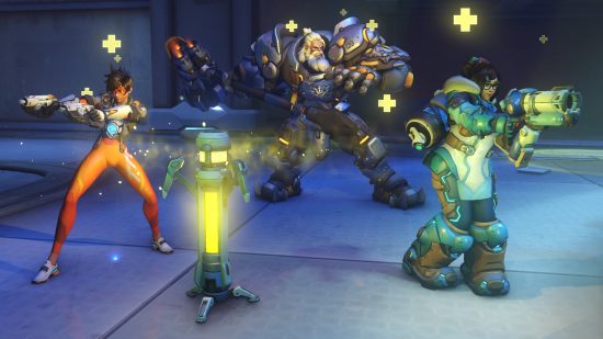 Overwatch 2 What Do Endorsements Do?: Mei, Tracer, Reinhardt can be seen standing in a field