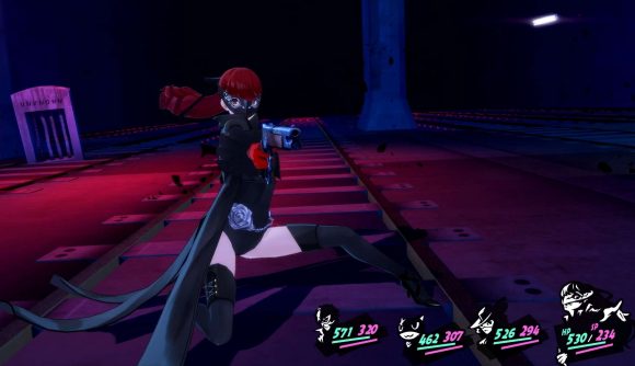 Kasumi from Persona 5 Royal poses during a gun attack