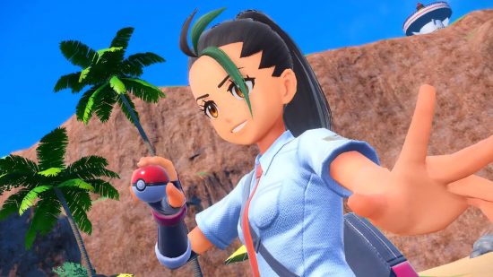 Pokemon Scarlet and Violet new pokemon: A female trainer in a blue shirt holds a pokeball