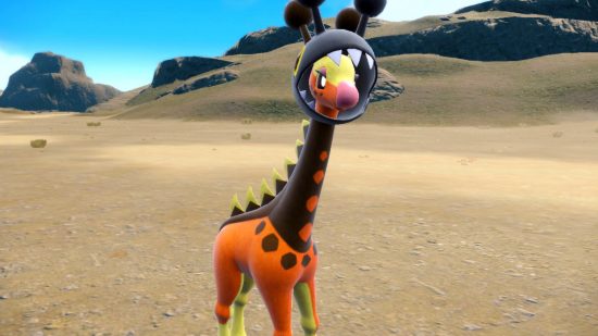 Pokemon Scarlet and Violet Girafarig evolution: A screenshot of Farigiraf, a giraffe-like pokemon