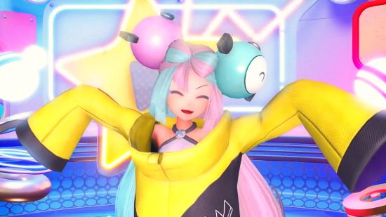 Pokemon Scarlet and Violet gym leader Iono: A girl wearing an oversized yellow coat and magnemite hair accessories strikes a pose