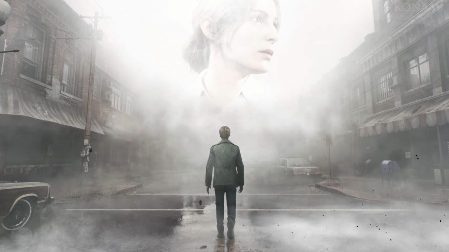 Silent Hill 2: James can be seen walking through the street with Mary's face in the air