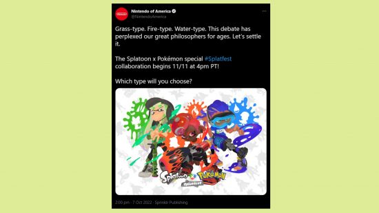 Splatoon 3 Pokemon Splatfest Start Time: a tweet with details