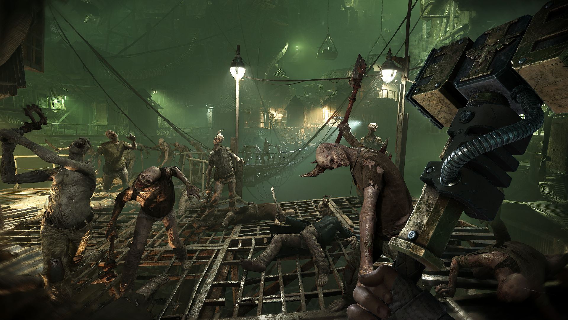Warhammer 40,000 Darktide PvE Horde Slayer Gameplay: The player can be seen holding a weapon
