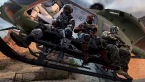 Warzone 2 VPN: image shows soldiers in a helicopter descending into battle.