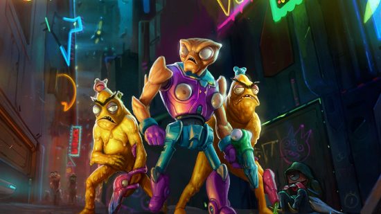 High on Life Game Length: Three Cartel Aliens standing in an alley