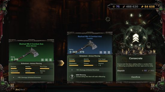 Warhammer 40K Darktide Crafting: The crafting interface displaying the process of consecrating an axe.