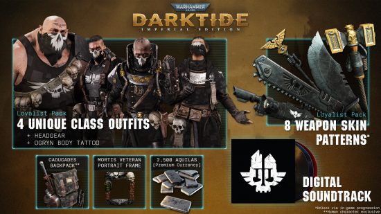 Warhammer 40K Darktide cosmetics: The Imperial Edition promotional material, showcasing the many cosmetic items players will receive.